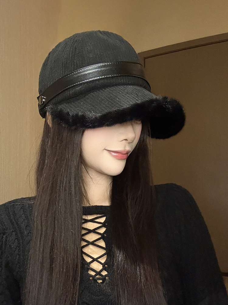 韩版灯芯绒宽檐鸭舌帽女秋冬加厚保暖渔夫帽显脸小百搭毛绒盆帽子