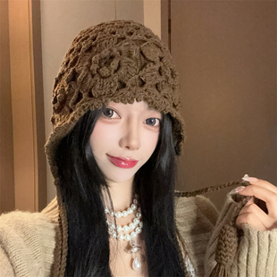 手工编织钩花针织帽子女秋冬款护耳保暖镂空民族风流苏毛线包头帽