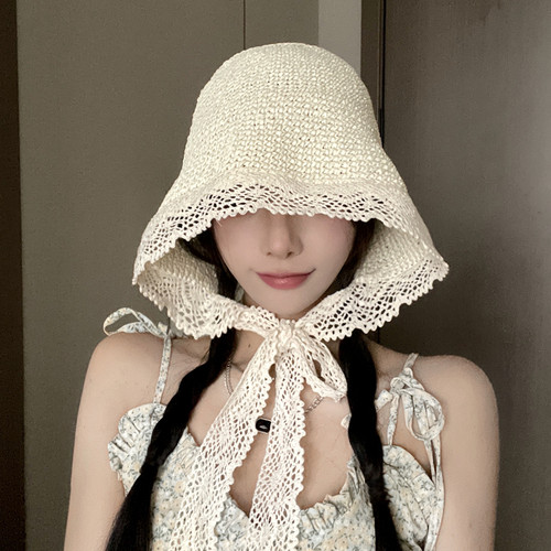 蕾丝绑带渔夫帽甜美防晒遮阳帽