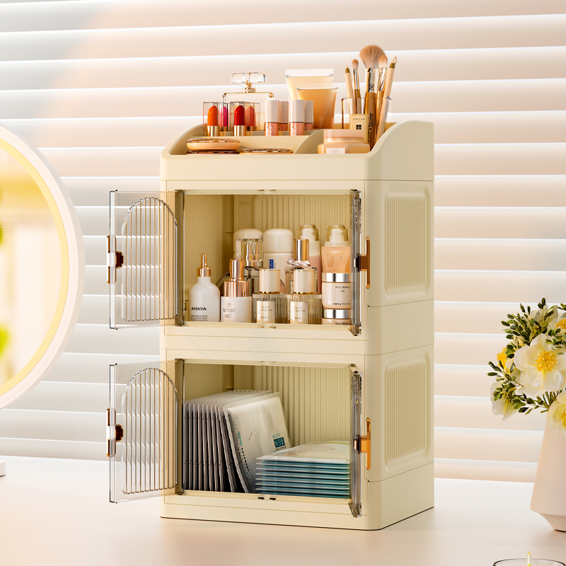 折叠化妆品收纳收纳盒防尘置物架抽屉式透明桌面整理多层梳妆台
