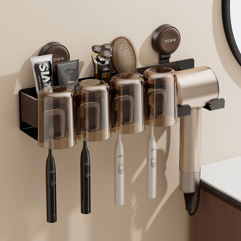 中古风浴室吹风机置物架多功能牙刷杯支架免打孔吸盘吹风机支架