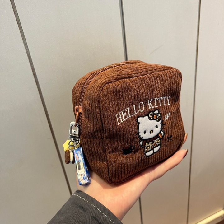 便携式秋冬灯芯绒HelloKitty刺绣化妆包高颜值口红证件钱包收纳包