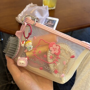 可爱kitty卡通化妆包网纱小型零钱钥匙包口红收纳迷你杂物拉链包