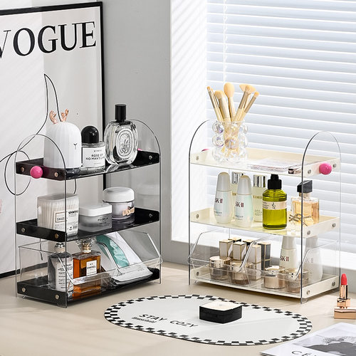 中古风化妆品收纳架轻奢高级感梳妆台多层式香水口红护肤品置物架