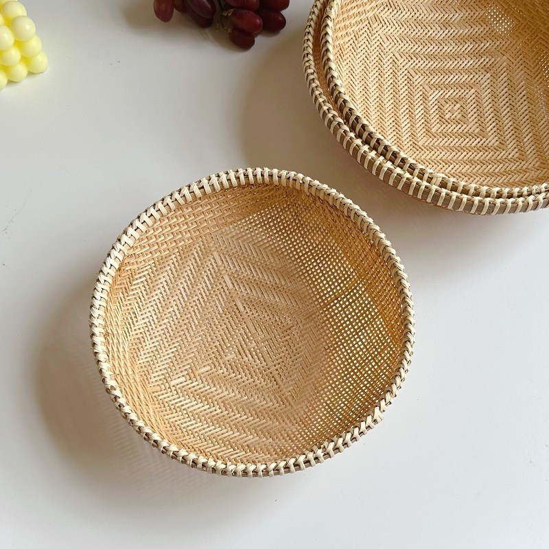 越南竹编制品竹簸箕手提篮米篮 草编织物 收纳篮竹篮子茶点水果盘