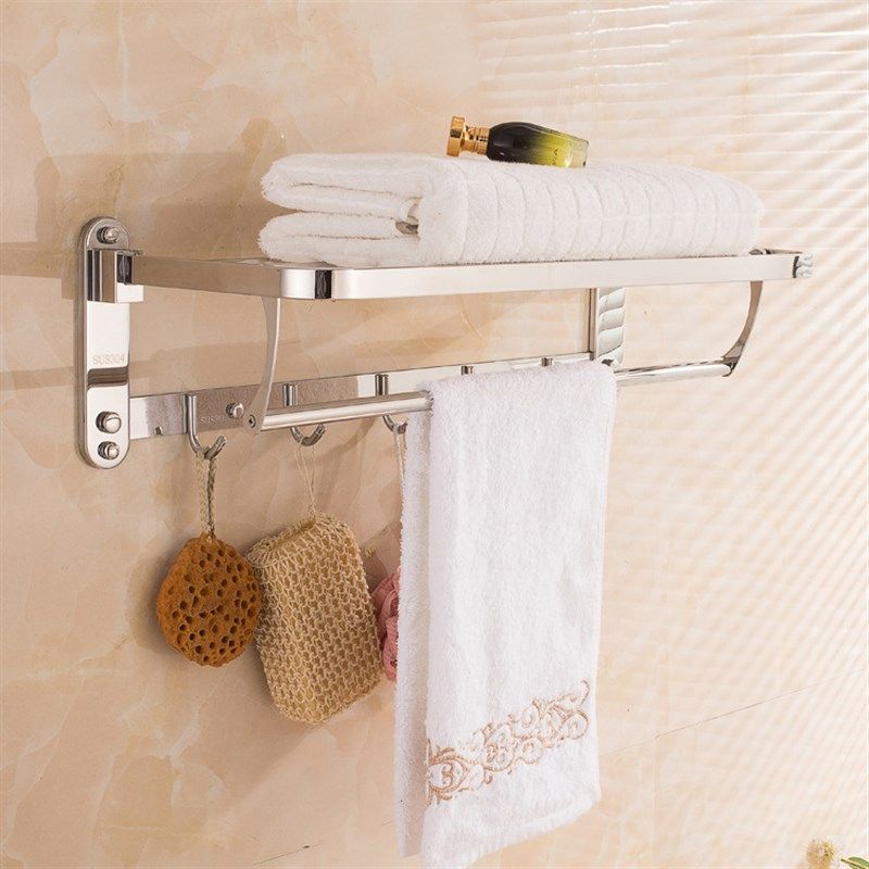 不锈钢毛巾架浴巾架304双层亮光可折叠挂衣钩浴室卫生间毛巾架