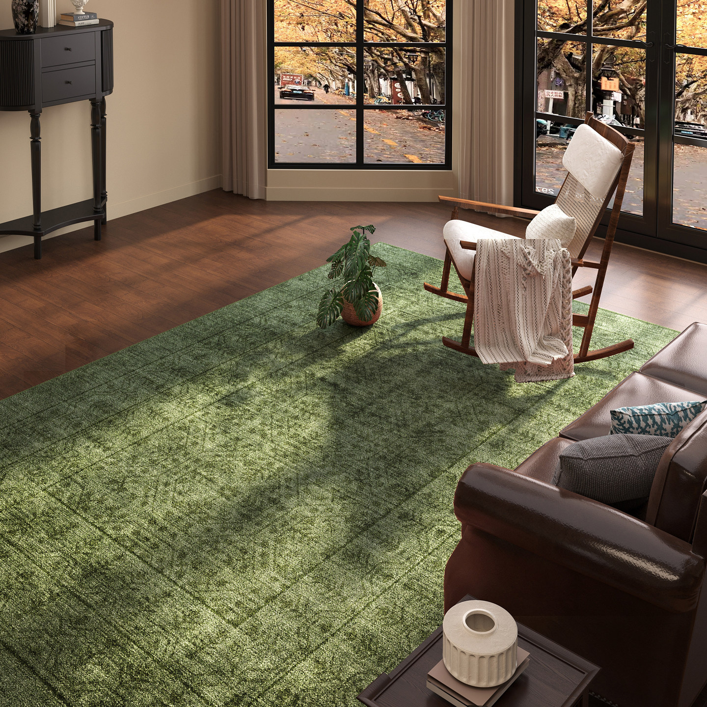 复古绿仿羊绒地毯客厅高级感美式