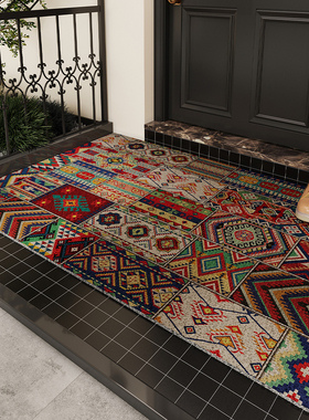 民族风入户门地垫丝圈PVC防滑蹭脚垫大门口进门家用地毯复古美式