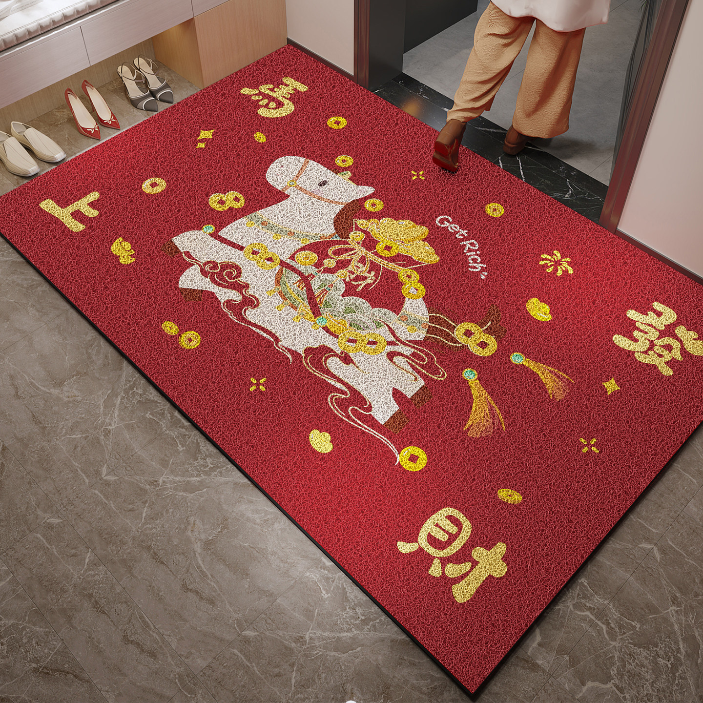 2026新款马年入户门地垫喜庆红色丝圈耐脏进门脚垫玄关家用地毯子,居家布艺,入户地垫,淘宝优惠券,粉丝福利购,淘宝优惠卷