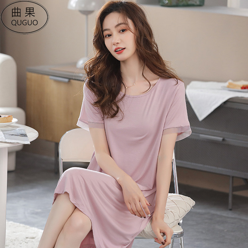 曲果睡裙女士夏天短袖RC莫代尔睡衣裙子女款春夏季薄款冰丝感中裙