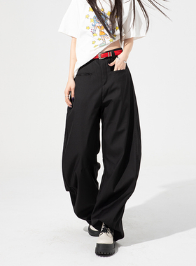 KRO高级感褶皱弯刀西裤女美式复古宽松阔腿裤子垂坠感拖地裤休闲