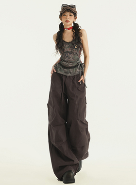 KRO辣妹复古深棕色街头休闲松紧抽绳褶皱直筒宽松口袋工装裤