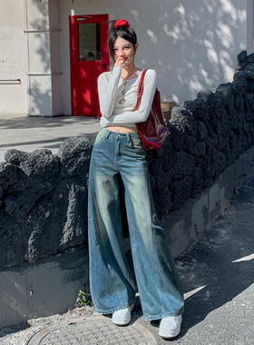 KRO春款美式复古蕾丝设计感阔腿微喇牛仔裤宽松阔腿不贴腿拖地裤
