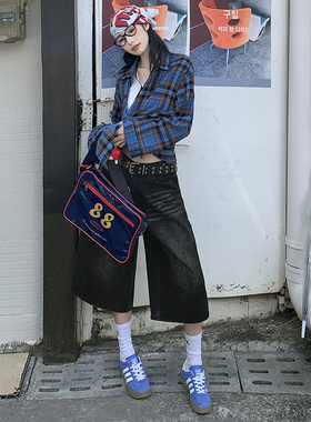 KRO夏季2025年新款美式复古宽松水洗做旧七分裤高街设计感阔腿裤