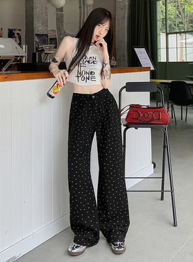 KRO韩系复古黑白色波点碎花牛仔直筒裤女高腰显瘦宽松阔腿牛仔裤