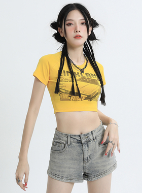 KRO石磨黄水洗高腰辣妹美式复古牛仔短裤设计感A字打底五分热裤女