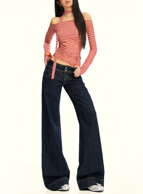 KRO美式复古丹宁原牛色直筒牛仔裤女早秋休闲百搭微喇叭休闲裤子