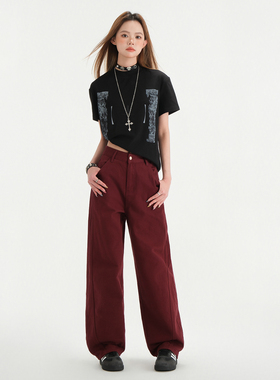 KRO春季新款美式复古阔腿弯刀牛仔裤女百搭休闲宽松直筒长裤