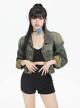 KRO美式复古短款牛仔外套女2025早秋辣妹做旧宽松显瘦夹克上衣