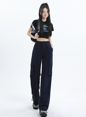 KRO欧美休闲风薄款潮酷弹力抽绳绑带设计时尚辣妹阔腿工装直筒裤