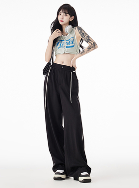 KRO高腰运动休闲裤女2023新款韩潮显瘦时尚条纹宽松黑色阔腿长裤