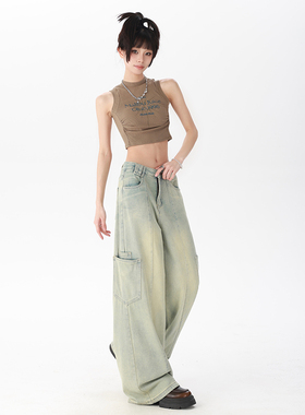KRO美式宽松复古阔腿牛仔裤女2024新款工装大口袋辣妹高腰拖地裤