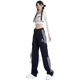 KRO美式高街潮ins直筒宽松阔腿裤女2026春夏新款三条杆工装休闲裤