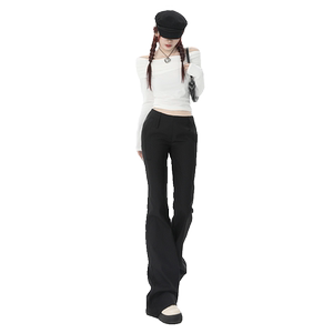 KRO黑色复古低腰休闲西装裤女2023新款设计感显瘦百搭微喇叭长裤