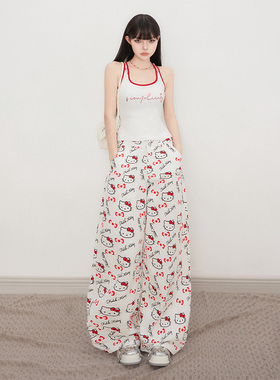 KRO可爱慵懒风卡通印花白色牛仔裤女宽松直筒阔腿休闲百搭长裤子