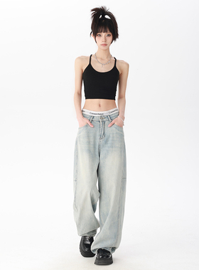 KRO浅色宽松阔腿牛仔裤女2024春夏新款美式辣妹显瘦时尚直筒长裤