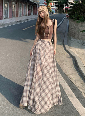 KRO美式复古高腰不规则半身裙格子垂感透气清凉百搭气质休闲裙