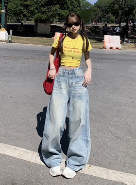 KRO美式复古水洗高腰宽松阔腿裤百搭垂感磨破破洞直筒牛仔裤女