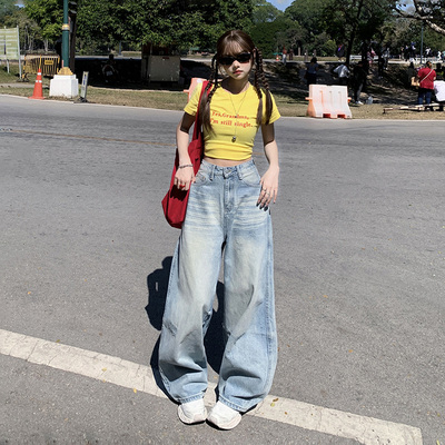 KRO美式复古水洗高腰宽松阔腿裤百搭垂感磨破破洞直筒牛仔裤女