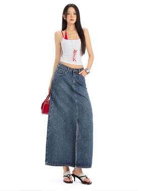 KRO复古做旧开叉牛仔半身裙百搭柔软中长款高腰a字包臀裙