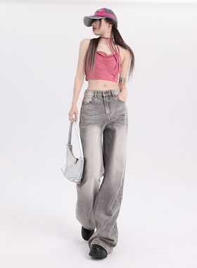 KRO摩卡灰色阔腿牛仔裤女2024款美式复古抓纹拖地宽松显瘦拖地裤