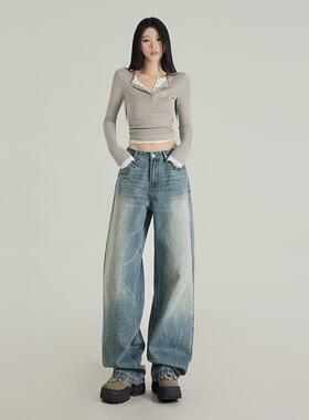 KRO美式复古水洗做旧阔腿牛仔裤女时尚百搭休闲宽松拖地长裤子