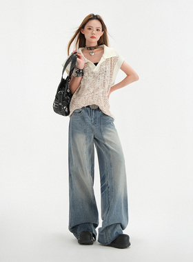 【蜜蜂欢乐社】KRO高腰阔腿牛仔裤女美式复古松弛感镰刀裤长裤子