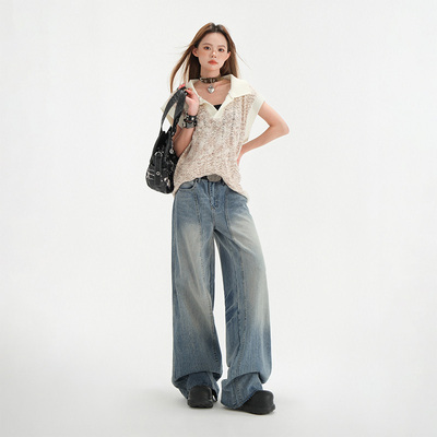 kro新款高腰拼接阔腿牛仔裤