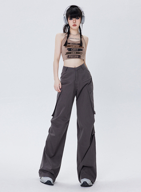 KRO高腰直筒工装牛仔裤女2025新款宽松显瘦阔腿裤美式复古休闲裤