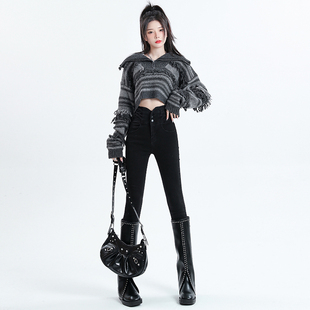 【雪欧尼粉丝专享】KRO紧身小脚加绒牛仔裤2025秋新款修身铅笔裤