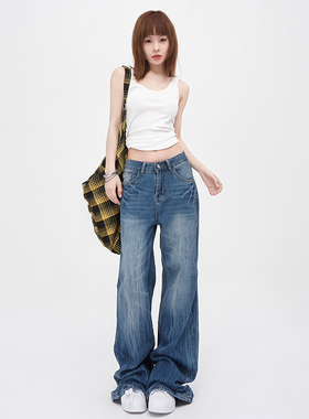 KRO美式复古闪电爆裂纹蓝色牛仔裤2024新款百搭直筒微辣裤长裤