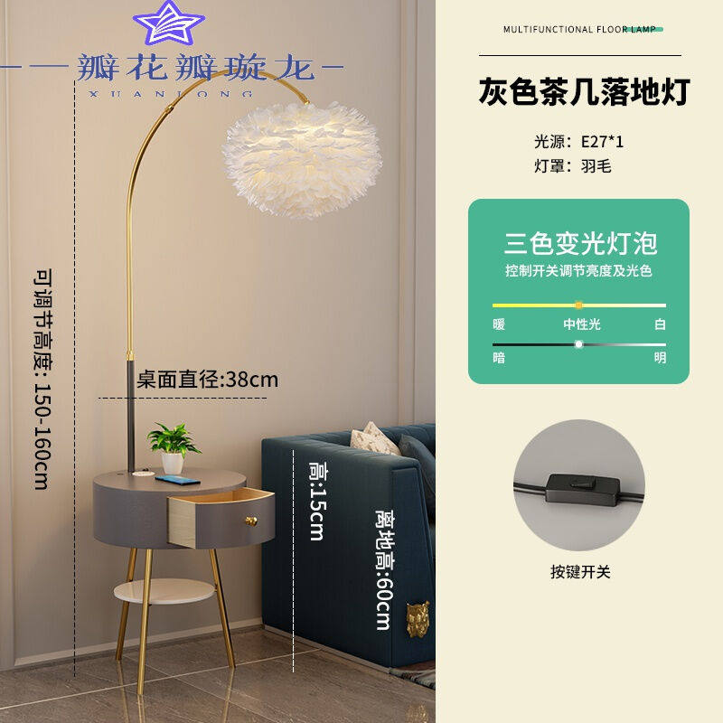 落地茶几灯带置物架茶几灯北欧ins网红羽毛落地灯客厅轻奢茶几卧