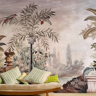 美式 复古餐厅卧室客厅背景墙壁纸东南亚热带植物森林墙纸壁画墙布