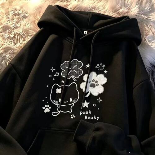 男女童秋冬日系猫咪连帽卫衣中大童可爱初中生慵懒风加绒帽衫上衣