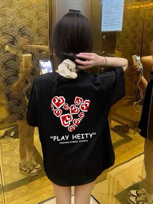 美式复古像素爱心T恤印花男女中大童纯棉休闲2026短袖夏季百搭t恤