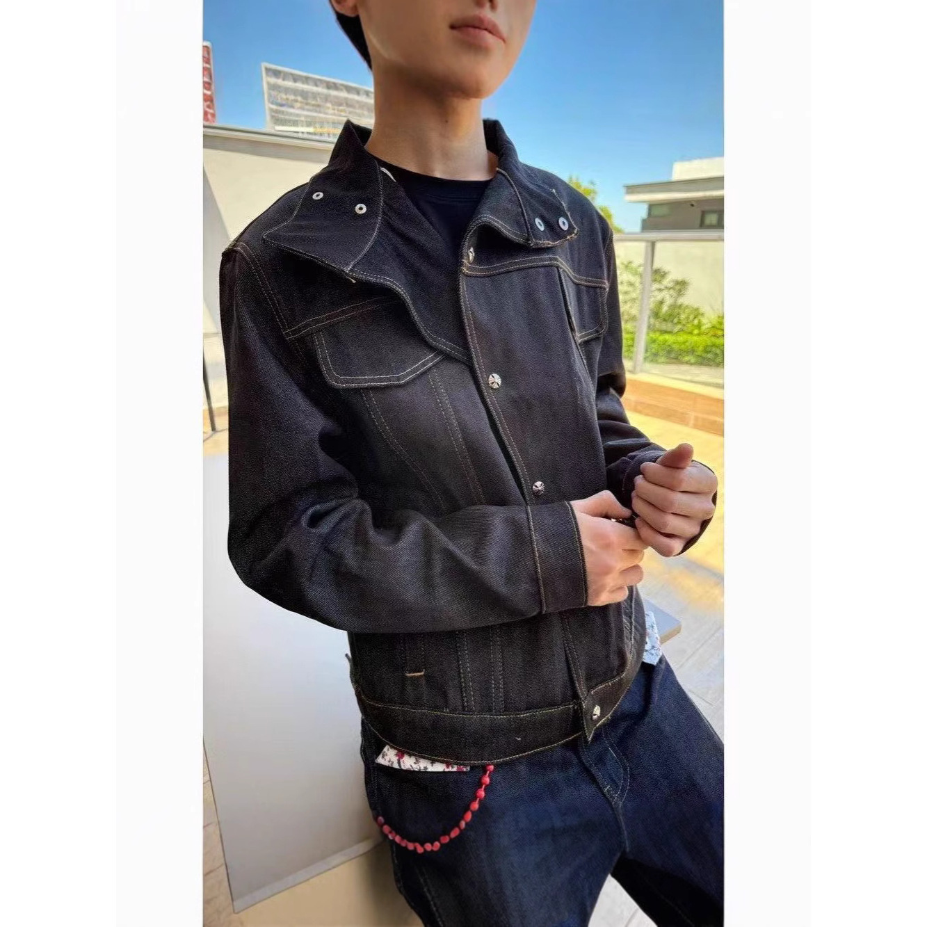 抖音直播款-斜领经典短宽原牛硬挺宽松牛仔夹克外套