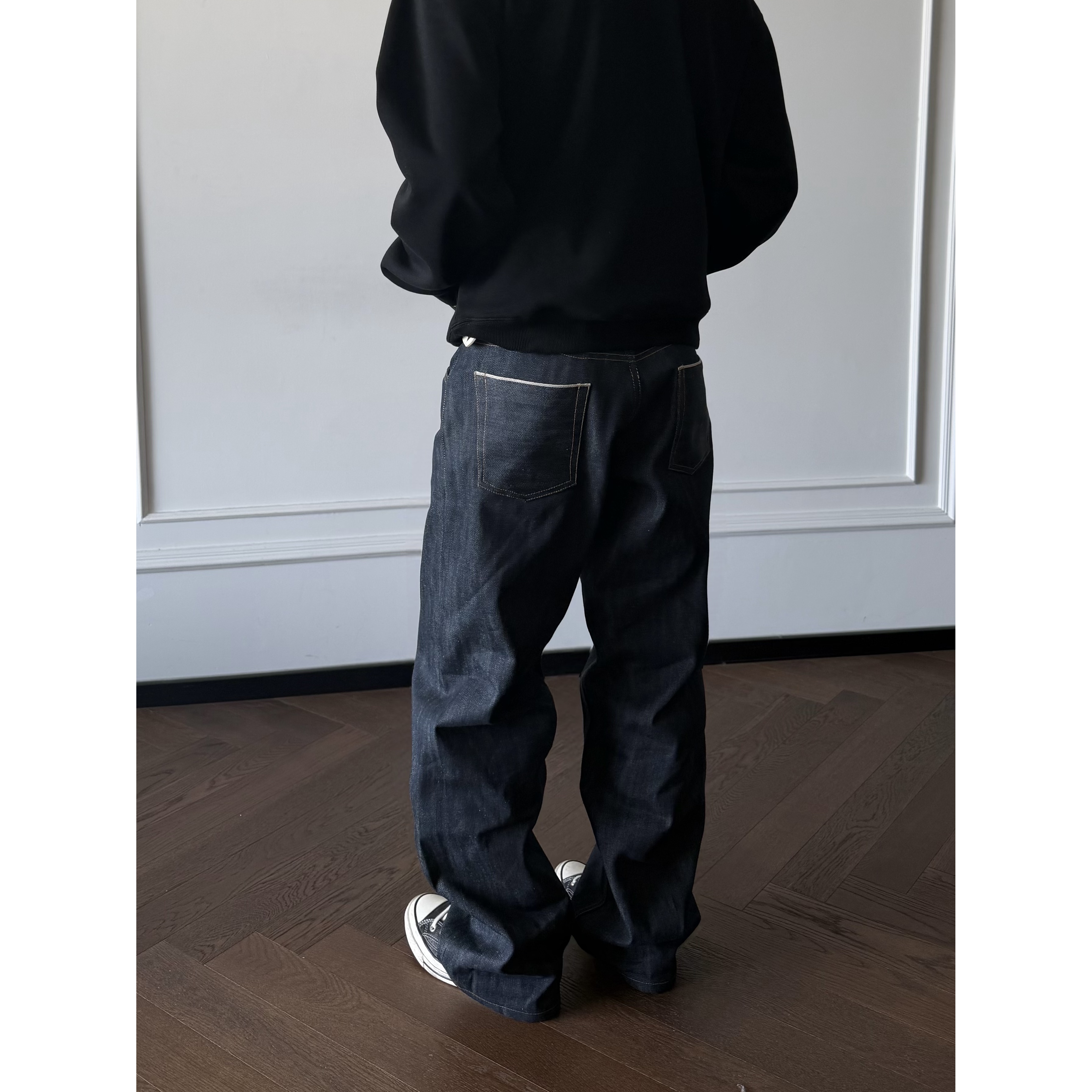 ''TZG''16OZ未脱浆做旧窄幅红边赤耳原牛复古直筒百搭纯色牛仔裤