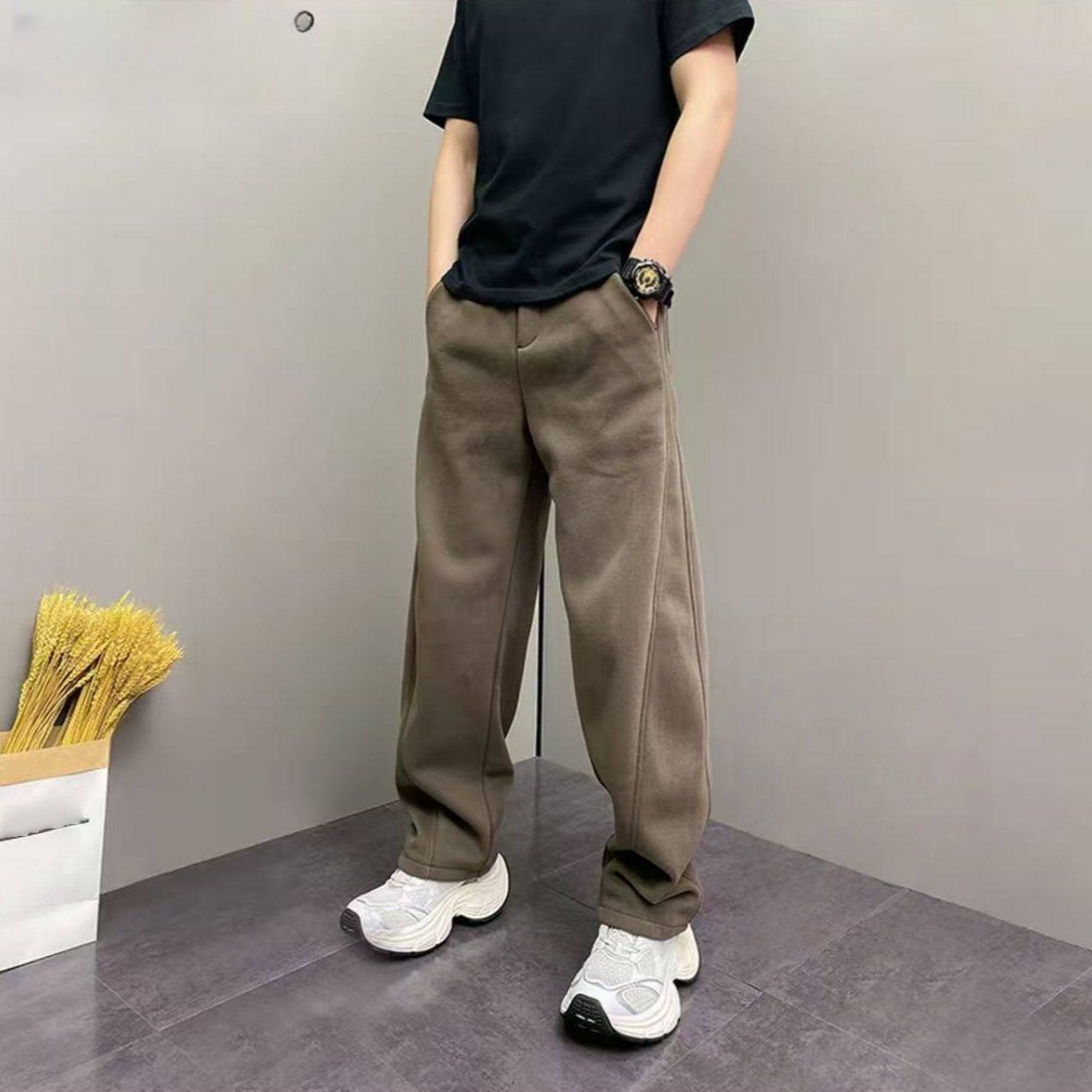 直播款现货-2025新款冬季加绒加厚简约百搭弯刀男显瘦直筒运动裤