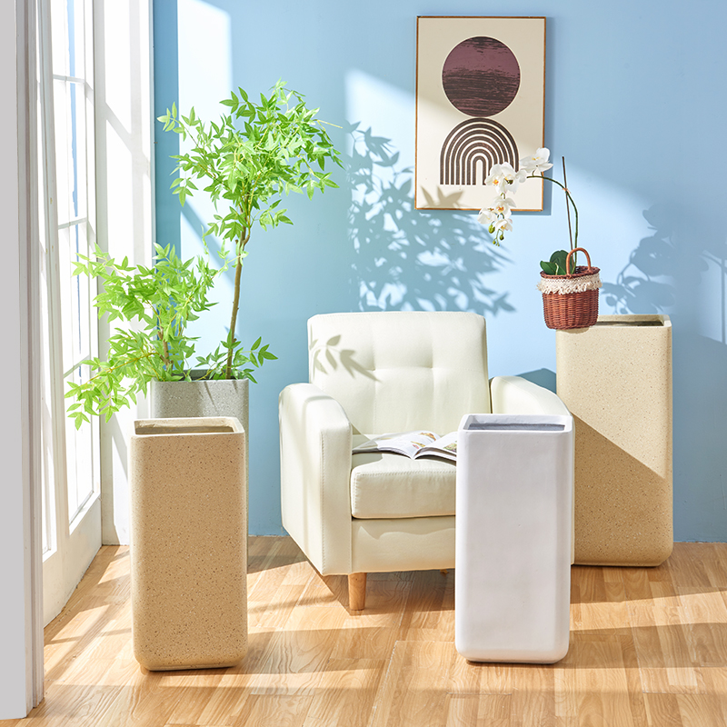 石方形花盆大口径镁泥水泥花盆象牙白色方盆简约客厅装饰绿植盆栽