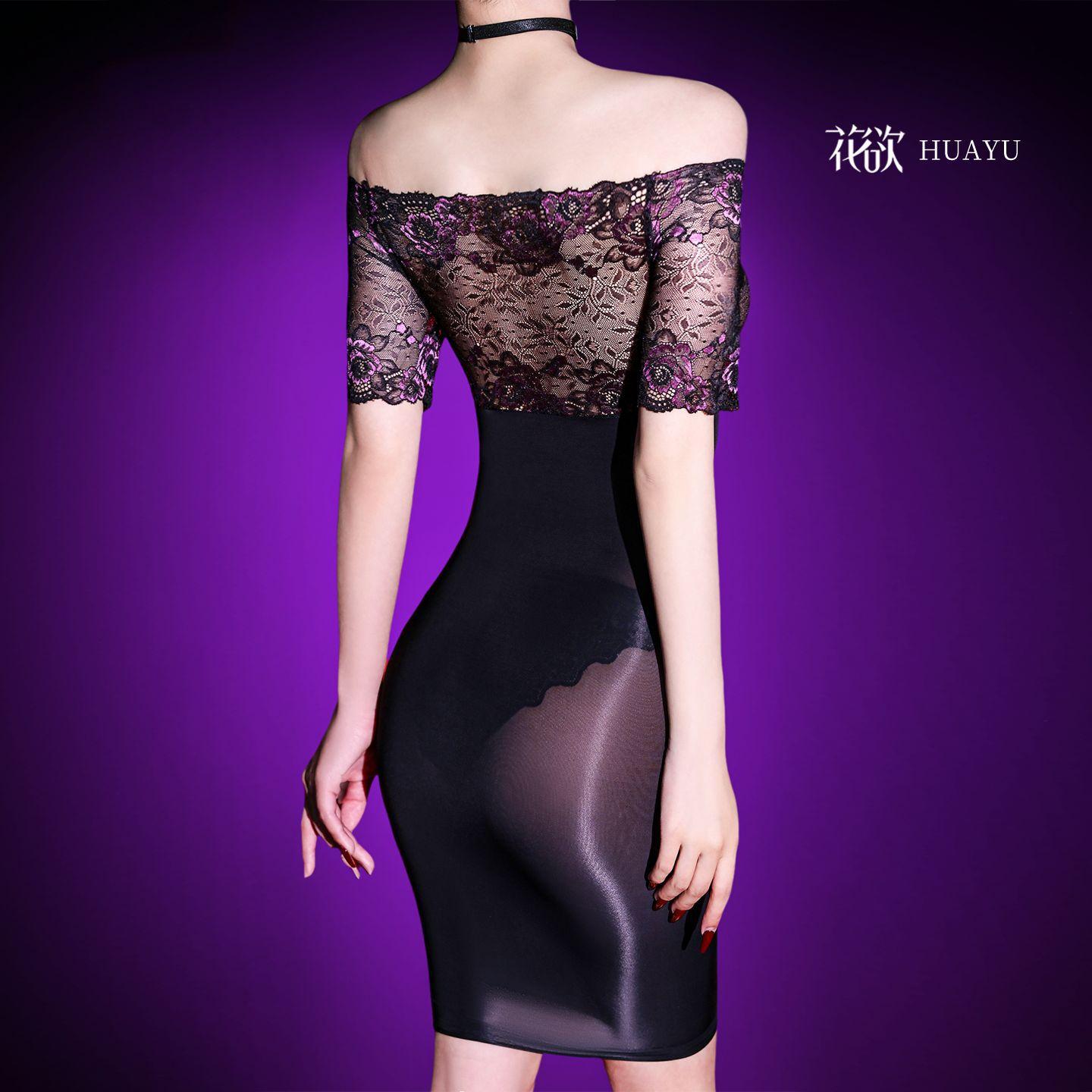 蕾丝一字肩镂空全透明包臀裙5D超薄油亮紧身火辣性感诱惑丝袜包裙